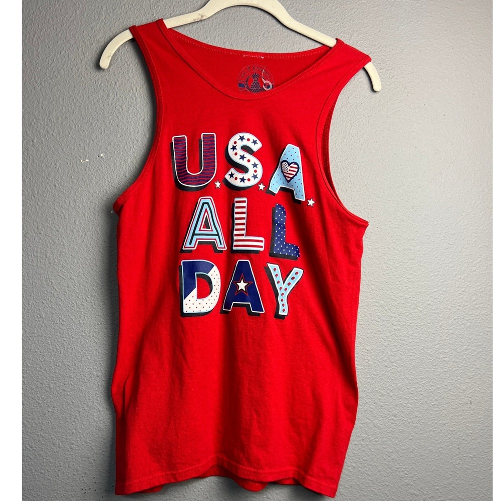 Love & Pineapples USA ALL DAY Red Graphic Tank Top Small Patriotic 100% Cotton